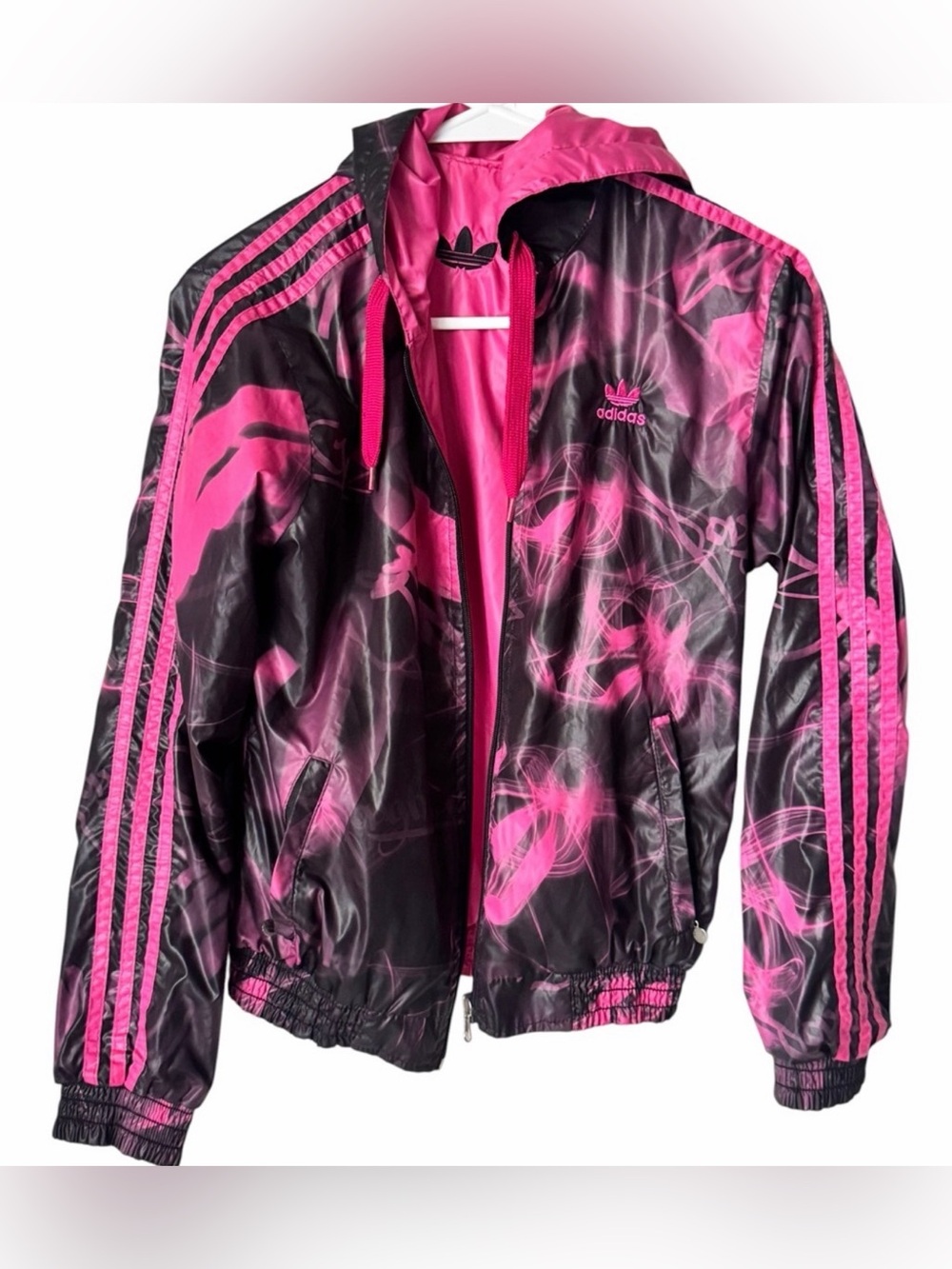 adidas Hot Pink reversible Hooded Windbreaker with Black Trim no tags zip up